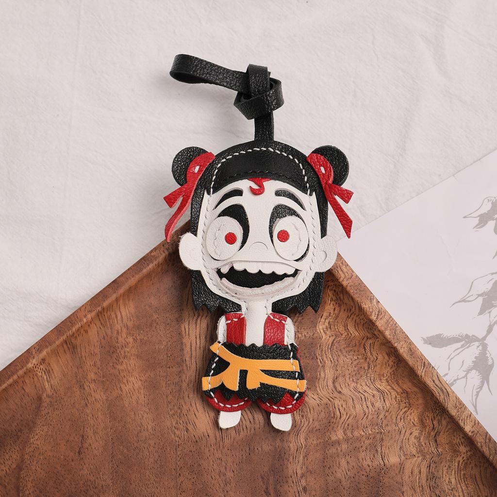 Sheepskin Handmade Real Leather Ne Zha Keychain Chinese Mythology Anime Nezha Inspired Gift for Collectors & Fans