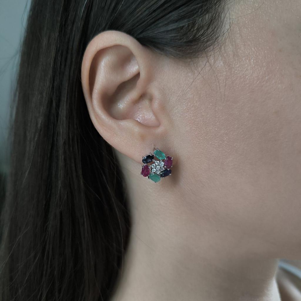 Серебряные серьги с натуральным сапфиром 3.567ct, рубином, изумрудом (2191124)
