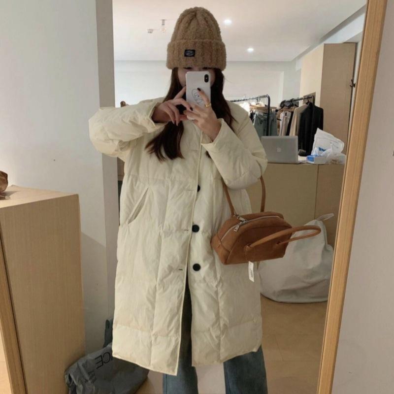 

Женская зимняя новая куртка с хлопковым наполнителем, длинная, корейская версия, дизайн лацканов до колена, толстое свободное пальто. L