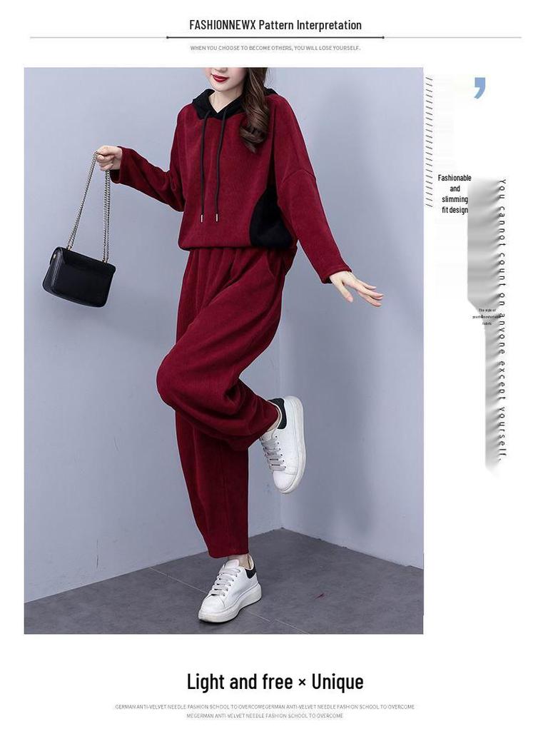 Thickened Corduroy Hooded Fashion Set - Plus Size Autumn Casual Two-Piece Outfit