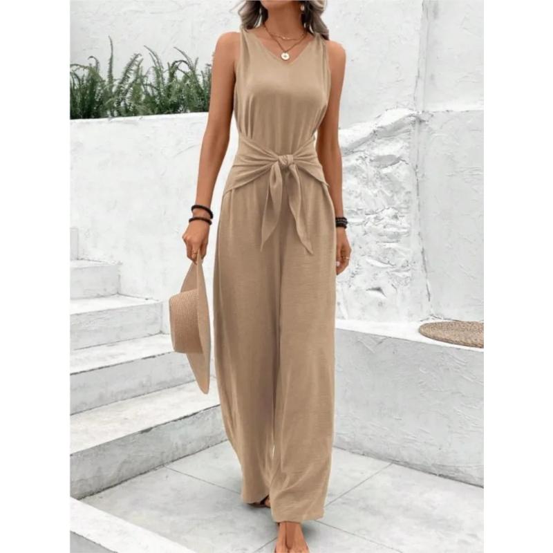 Fashion Solid Jumpsuit for Women Casual Sleeveless V Neck Lace-Up Wide Leg Pants Jumpsuits Lady Summer Holiday Womens Clothing
