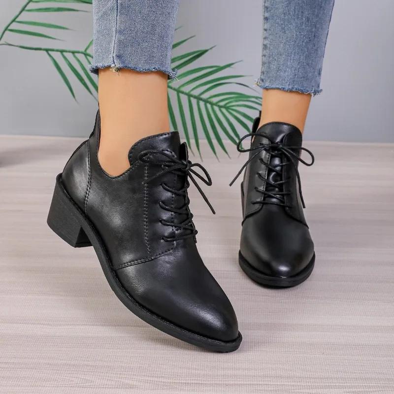 Ladies Shoes  High Quality Cross-tied Women's Boots Fashion Solid Casual Boots Women New Pointed Toe Ankle Boots Heels Women