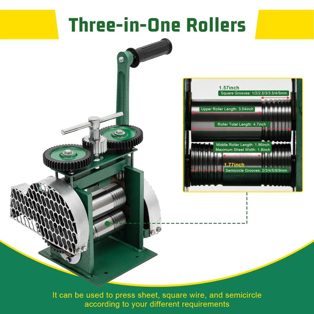 Portable 3 In 1 Manual Jewelry Rolling Mill Machine 120 Mm Adjustable Press Thickness for Gold Silver Copper Aluminum, Green