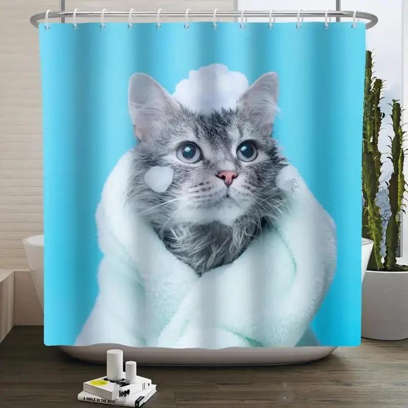 Hrdinský Velký bílý žralok s pistolí Kočka Vtipný sprchový závěs Pro kryt vany Kryt koupelny Koupání Extra velký Široký 12 ks háčků