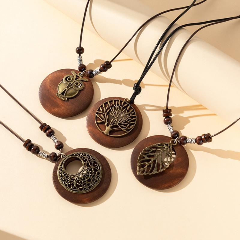 Retro Houten Blad Uil Lange Truiketting Etnische Ronde Ketting Vrouwen Klok Hanger Vrouwelijke Sieraden Nekaccessoires Cadeaus Kraag