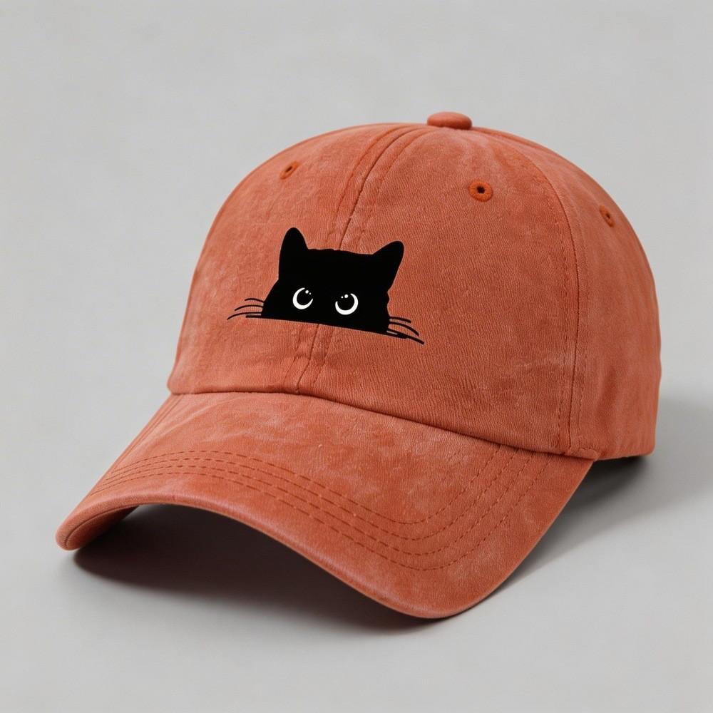 Small Black Cat Print Cotton Baseball Cap With Sun Protection For Casual Outdoor Activities