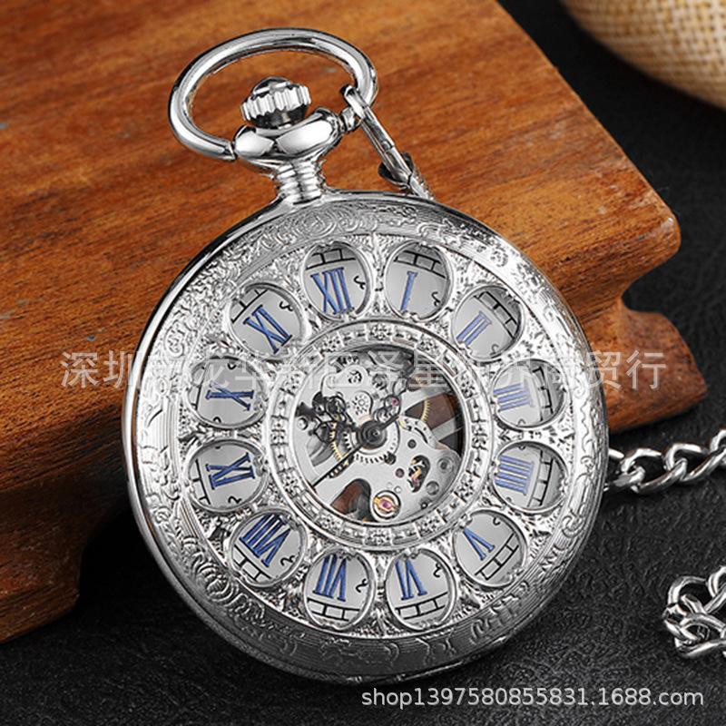 Classic Duplex Mechanical Watch, Parents And Elders Characteristic Roman Hollow Tuo Watch, Gift Antique Pocket Watch