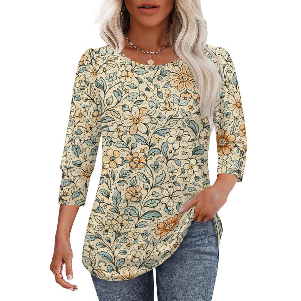 Women Casual Floral Print Loose Fit Round Neck Three Quarter Sleeve Blouse Lightweight Comfortable Top for Everyday Wear