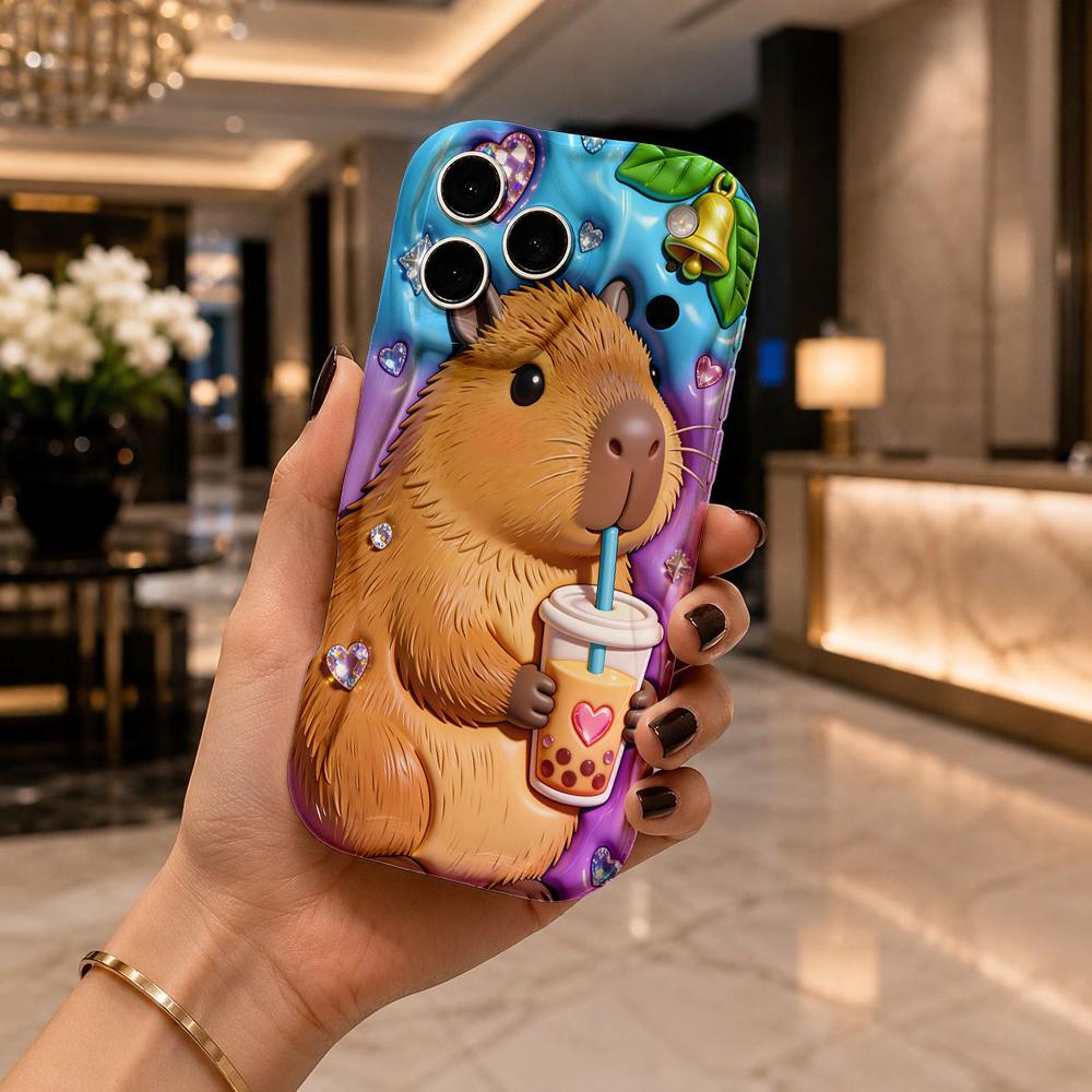 Inflated Capybara Bubble Tea Rhinestone Wavy Edge Phone Case For iPhone 17 16 15 14 13 12 11 8 7 Plus Pro Max Protective Cover