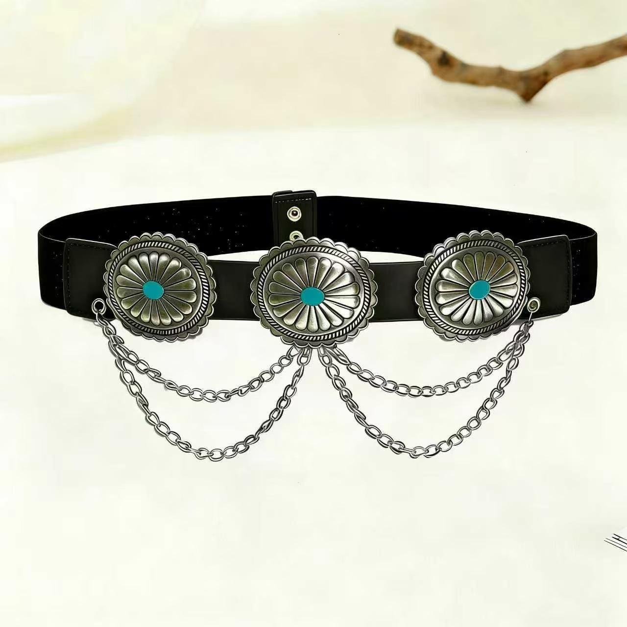 Women s Versatile Bohemian Turquoise Flower Waist Belt with Punk Chain