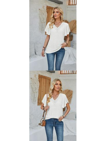 Spring/Summer Women's Lace V-Neck Ruffle Sleeve Loose T-Shirt