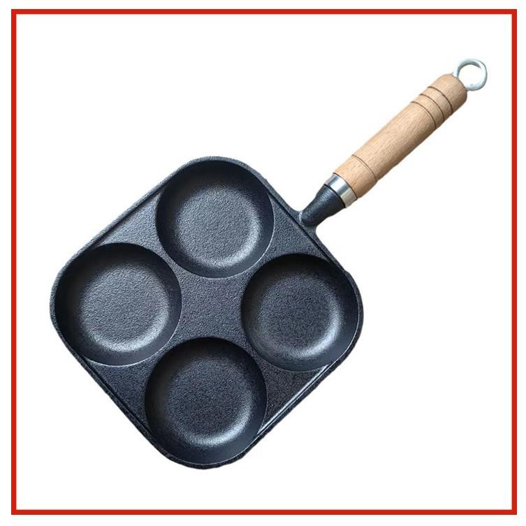 Cast iron egg dumpling pan 4 hole multifunctional omelette pan uncoated iron pan with thickened wooden handle for household non-stick pan