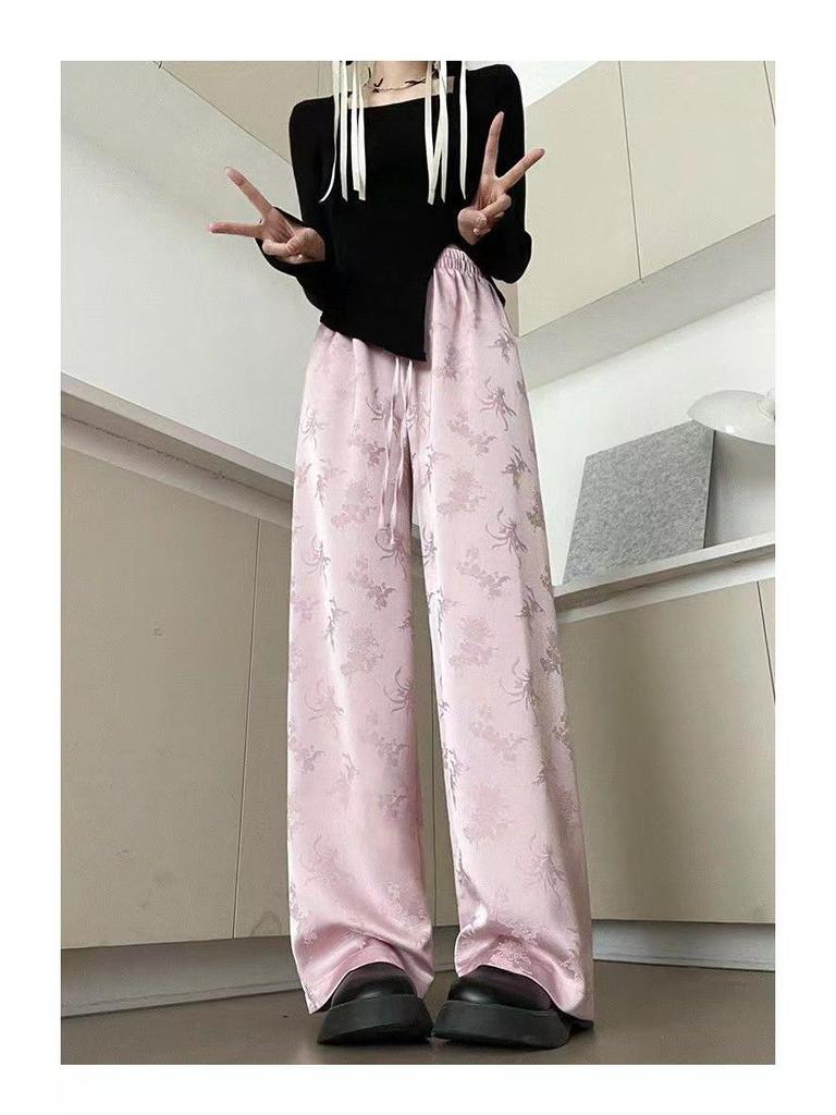 Chinese National Style 2024 Women's Wide-Leg Jacquard High-Waisted Satin Pants