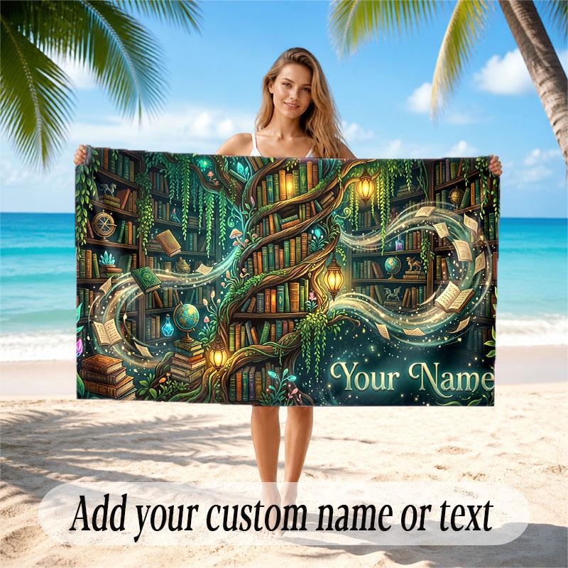 Nature Library Travel Theme Soft Beach Towel Personalized Custom Name Text Towel Portable for Beach Pool Travel