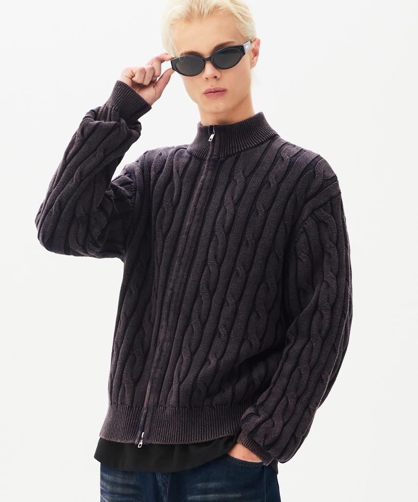TRILLION Vintage Washed Cable 2-Way Zip-Up Knit (Plum Navy)