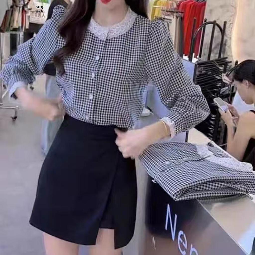 2026 Women's French Retro Plaid Lace Blouse - Long Sleeve Round Neck