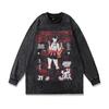 Vintage Washed Cotton Graphic Tee Men Loose Fit Round Neck Long Sleeve Anime Print Casual Top