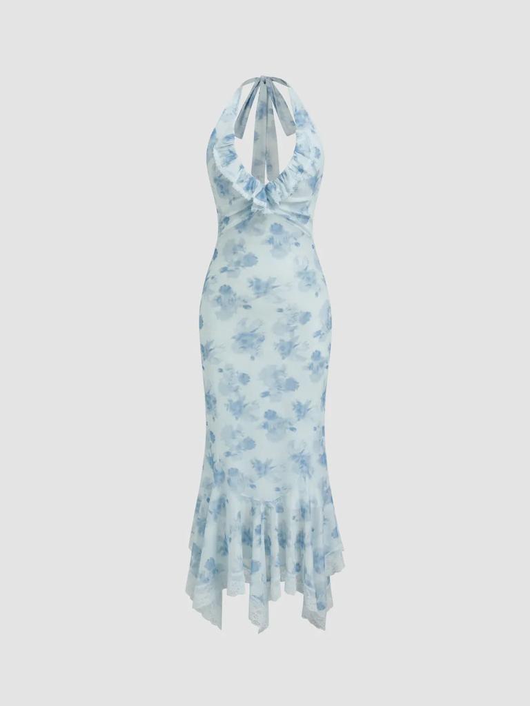 Early Summer Exquisite Neck Dress Floral Mesh Pleated Waist Fishtail Long Dress High-end Gentle Wind Dress