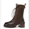 Autumn Winter Fleece-Lined Lace-up Ladies Mid Calf Shoes Warm Round Toe Middle Heel Women's Half High Boots  New In Footwear