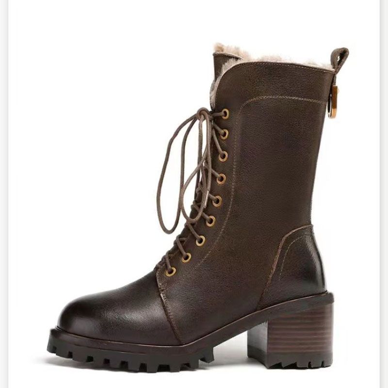 Autumn Winter Fleece-Lined Lace-up Ladies Mid Calf Shoes Warm Round Toe Middle Heel Women's Half High Boots  New In Footwear