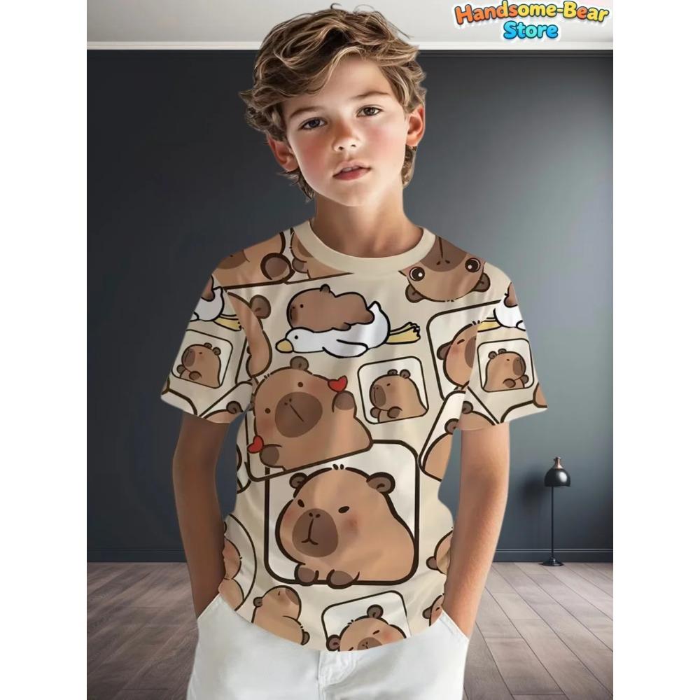 Cute Capybara Boy Clothes Cartoon Graphic Short Sleeve Tee Boy Child T-Shirt Summer Loose Top Fashion Kids Clothes Boys Clothing