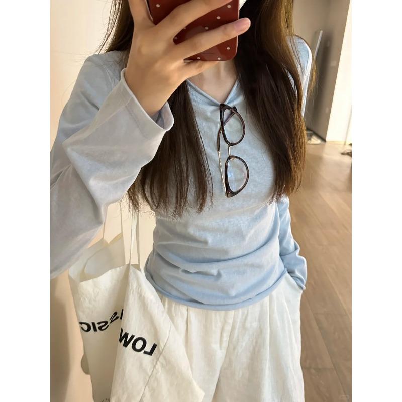 

Spring Autumn Round Neck Solid Slim Bottomed T-shirt Women Long Sleeve Casual Fashion Pullover Cotton Tee Top S синій