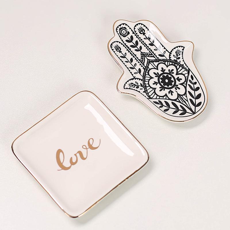 Hand-Shaped Gold Rim Ceramic Jewelry Tray with Custom Logo Design