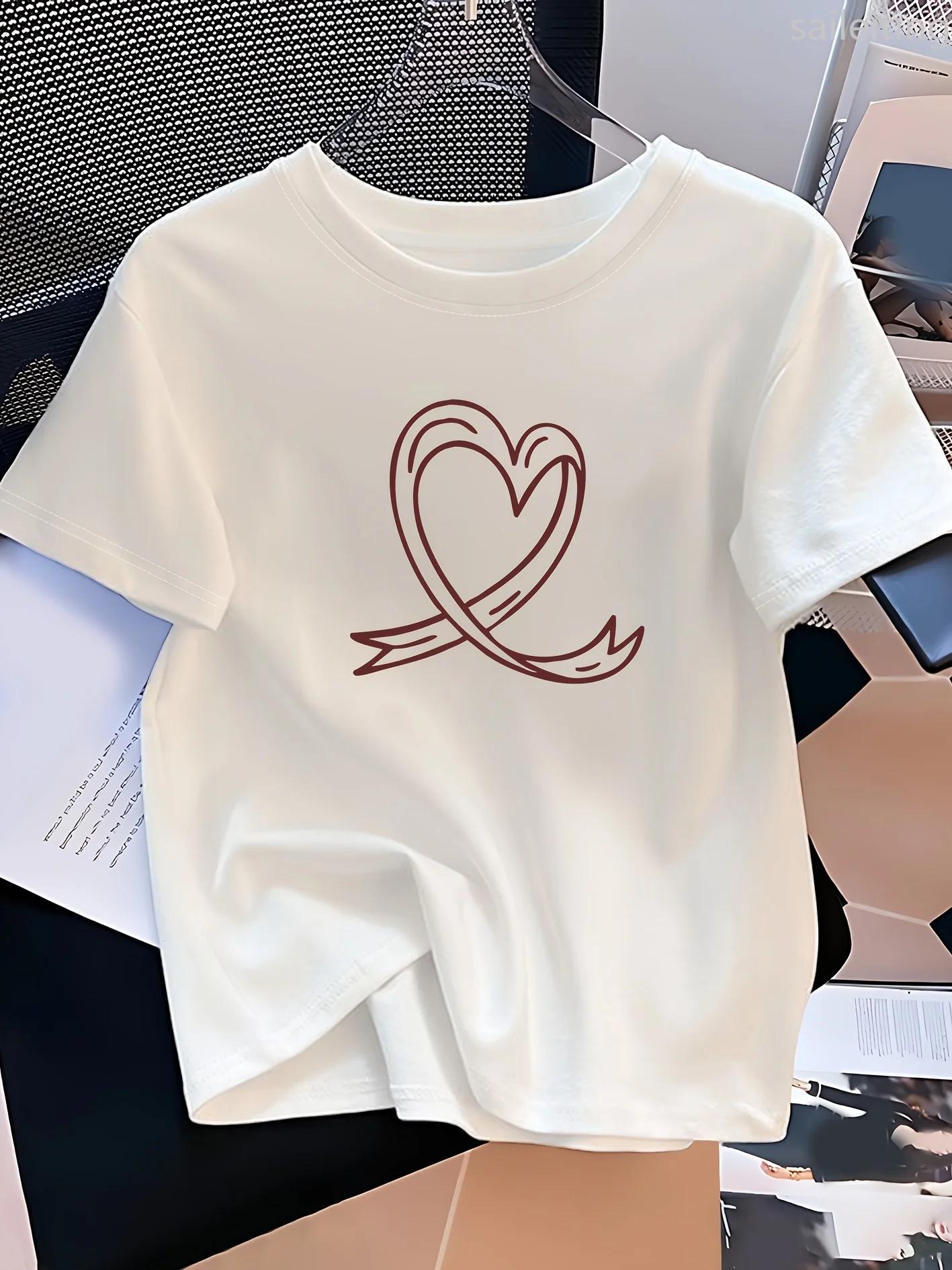 Plus size Women s T-Shirt Short Sleeved Harajuku Streetwear Clothing Women Casual Elegant Ribbon Love Print Pattern Round Neck 5XL белый