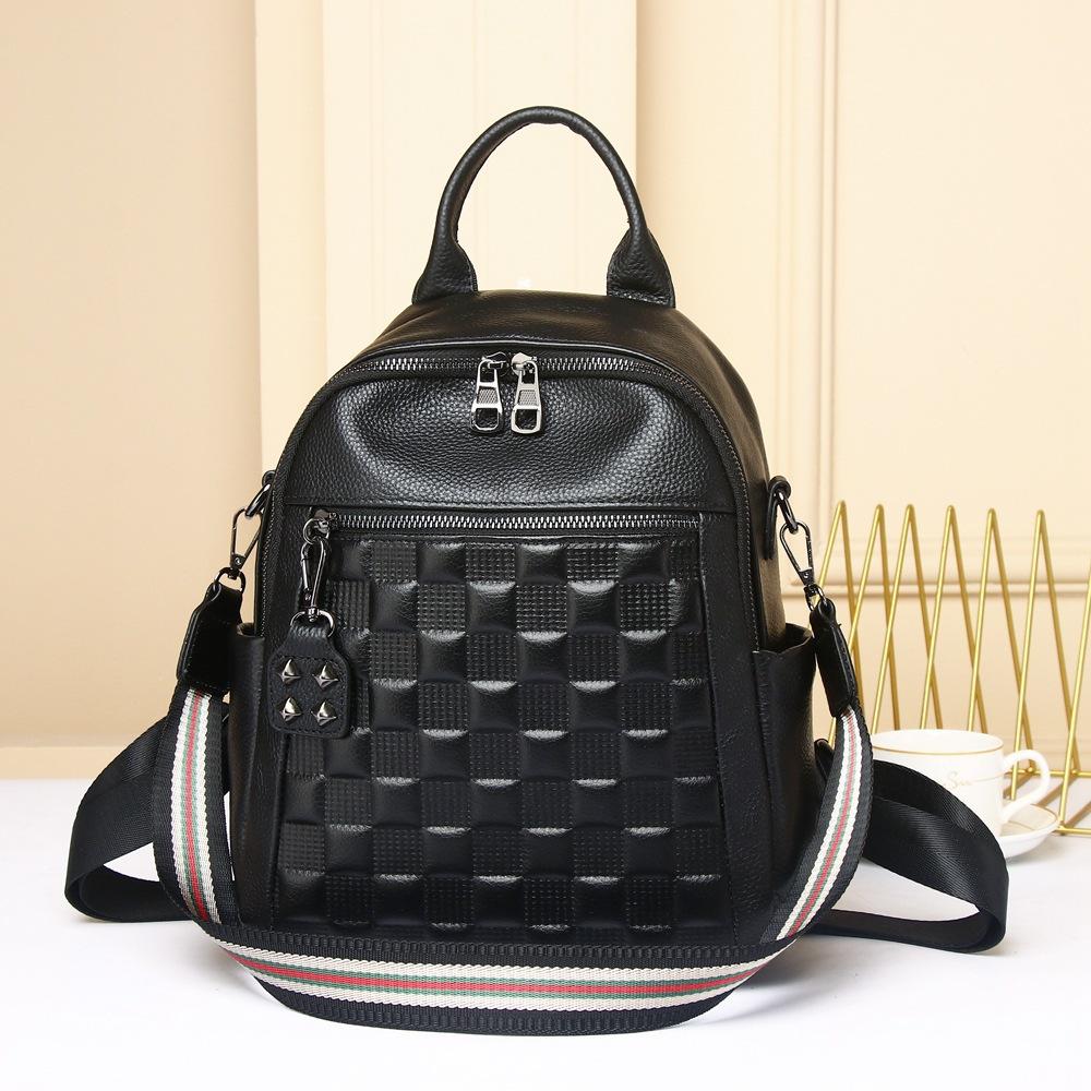 Backpack Fashion First Layer Cowhide Shoulder Backpack Plaid Leather Women S Bag Soft Leather Large Capacity Single 8157 School Bag