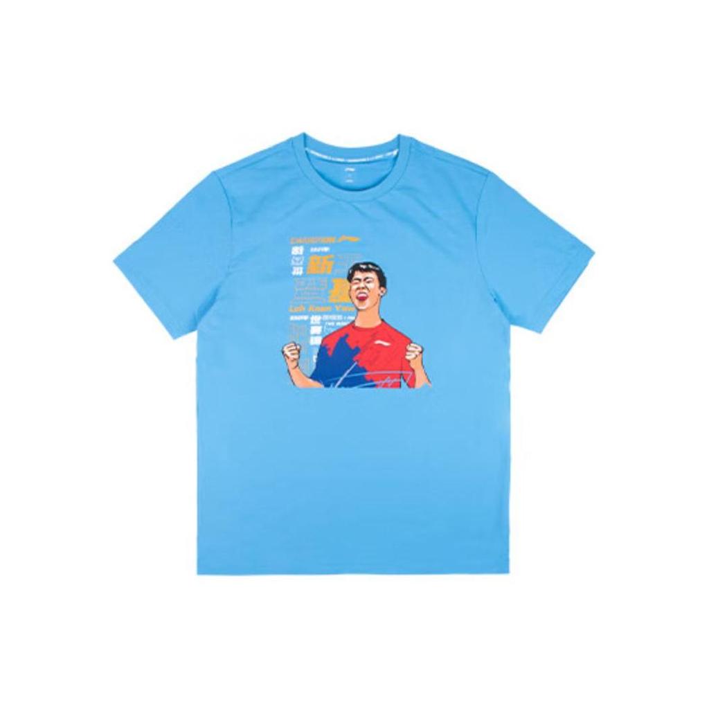 Li Ning Badminton Series Character Print Round Neck Short Sleeve T-Shirt Men Tops Blue AHSSC11-2