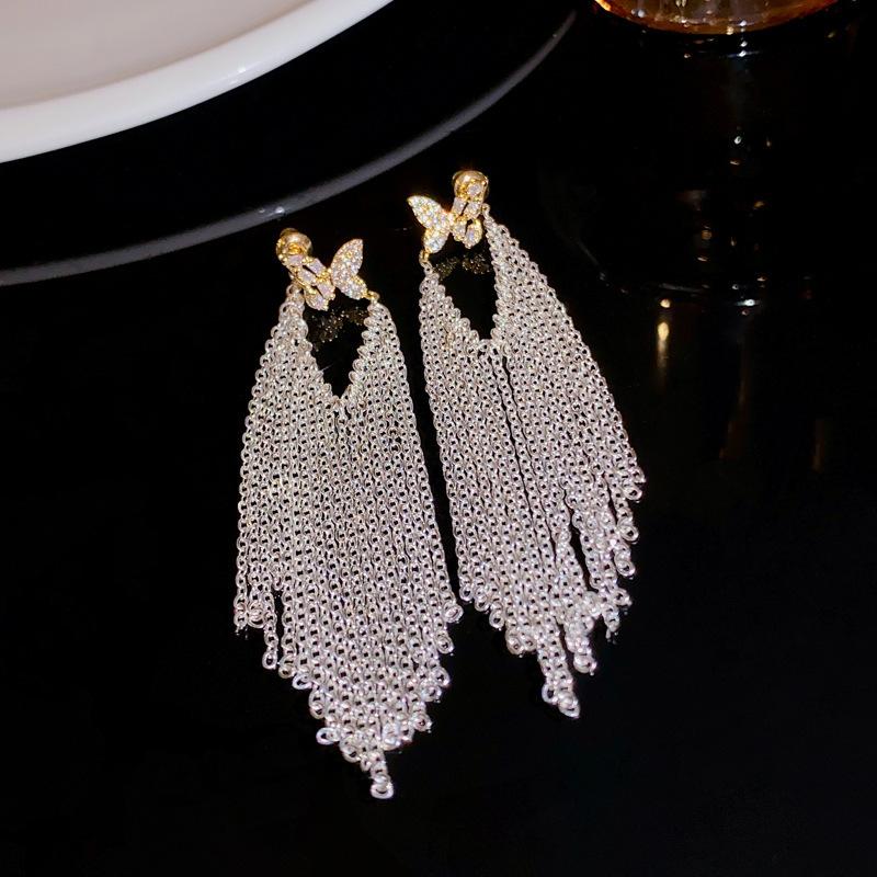 

Циркониевые серьги-кисточки с цепочкой в виде бабочки, нишевые серьги в стиле легкой роскоши, модные серьги с темпераментом.