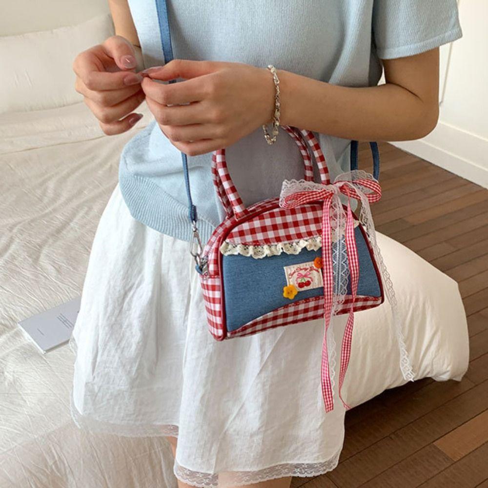 Rural Style Denim Plaid Handbag Lovely Sweet Crossbody Bag Retro Lattice Bowling Bag  Students