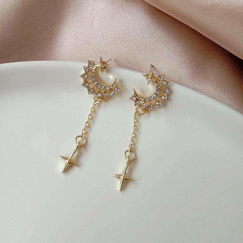 Ladies Zircon Hot Sale Sparkling Delicate Moon Earrings CZ Tassel Stud Jewelry Pendant Birthday Gift