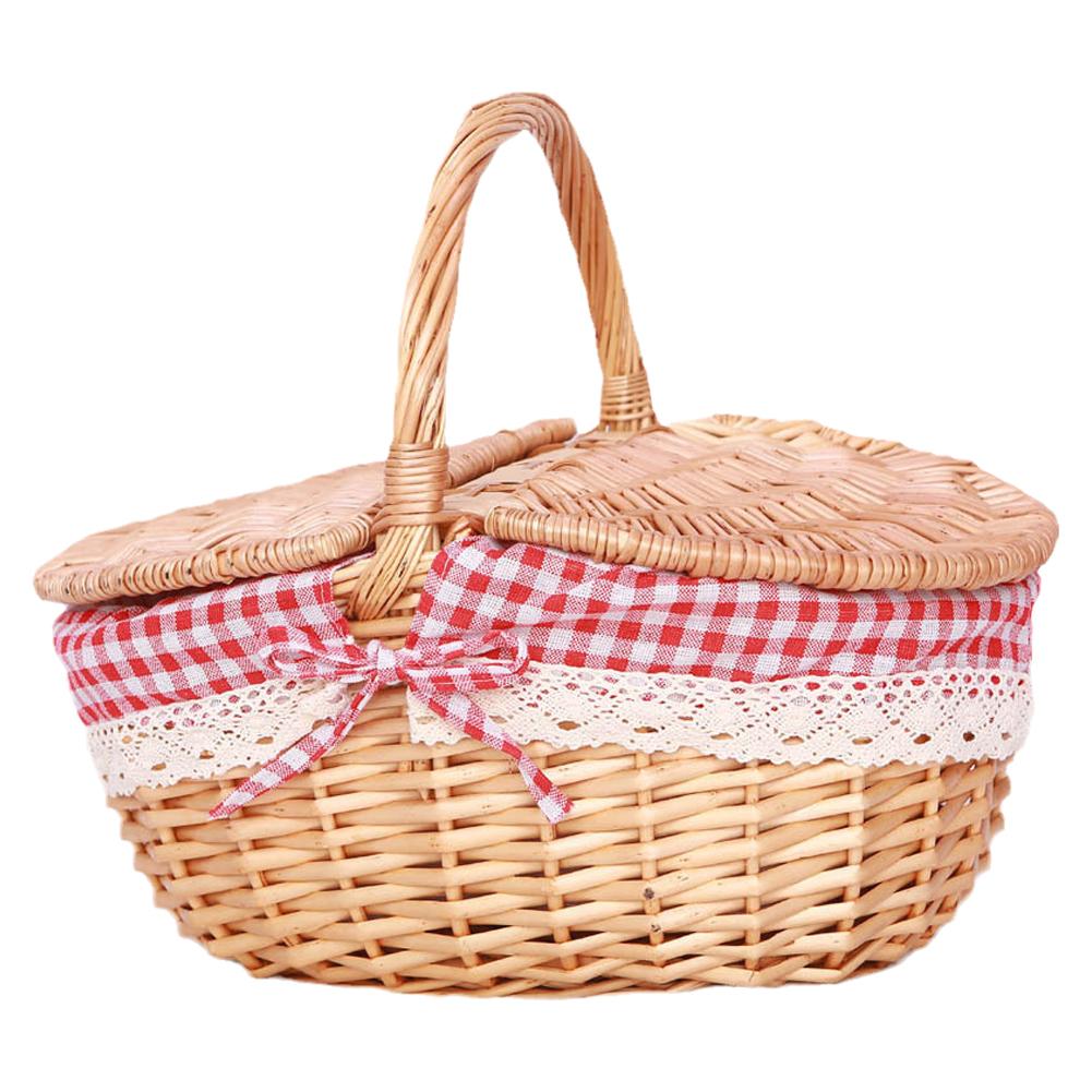 Handmade Wicker Picnic Basket with Lid Handle Picnic Hamper Washable Lining Willow Woven Storage Hamper For Outdoor Camping