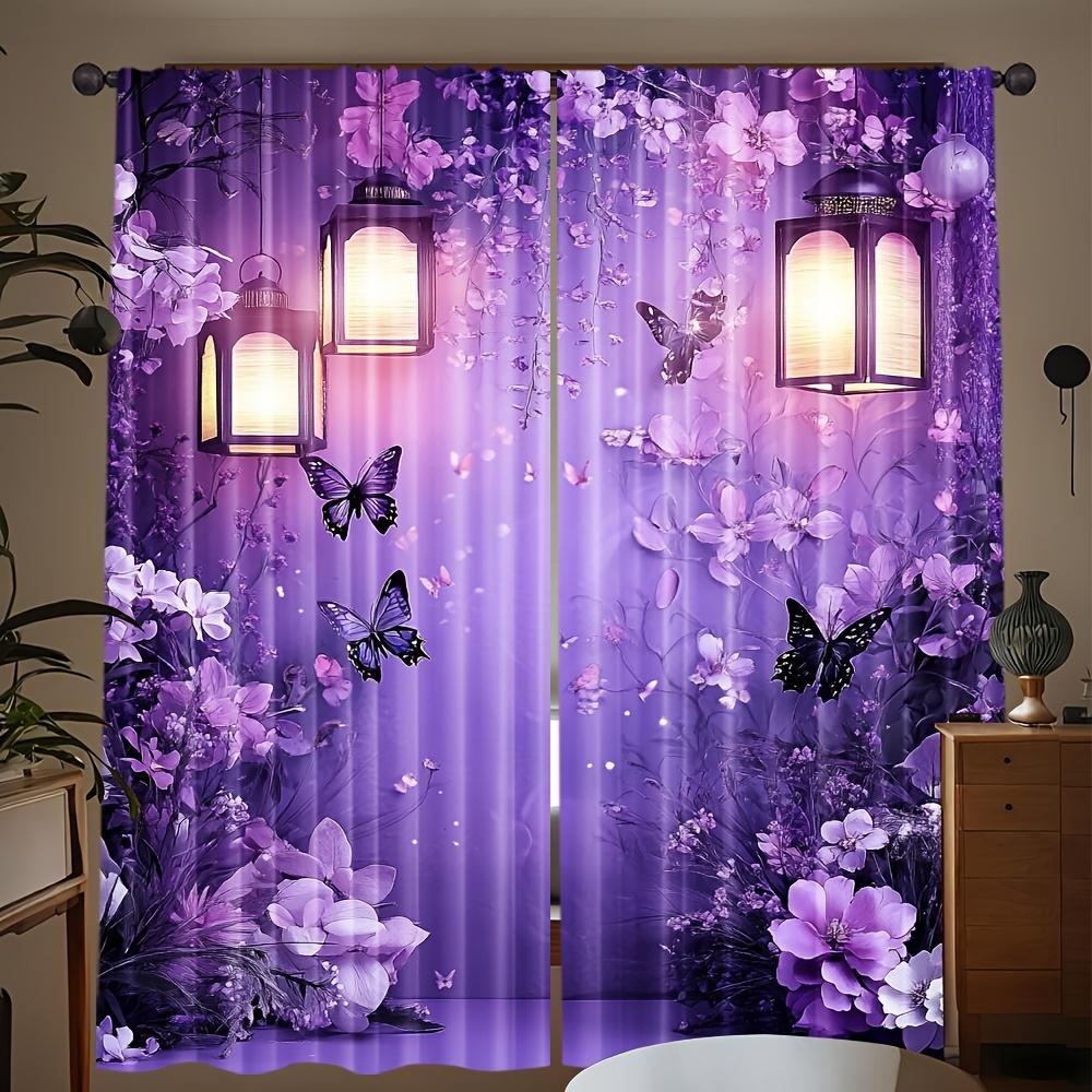 

Purple Floral Butterfly Curtains 2Pcs, Light-Filtering Polyester Lantern Design For Living Room Bedroom Kitchen Dining Decor 53x116cm 2pc21x46in&Rod Pocket