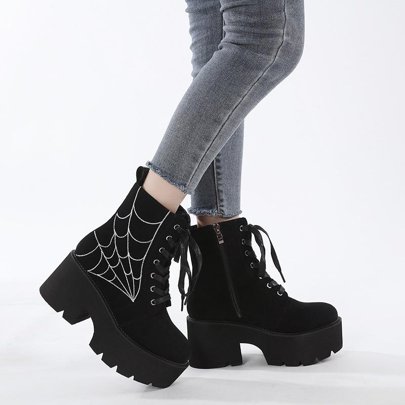 2023 Winter Women European Style Ankle Boots, Front Lace‑Up Embroidery Decor Side Zipper Platform Thick‑Sole Fashion Ladies Boots