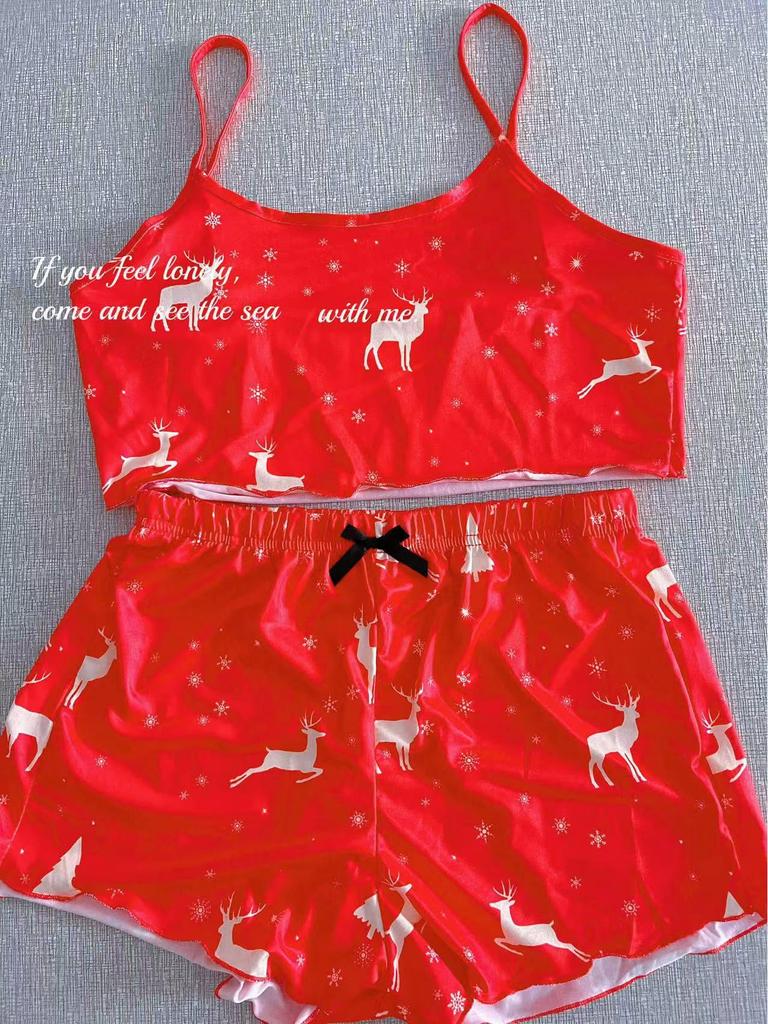 Christmas Style Milk Silk Camisole and Shorts Two-Piece Pajama Set
