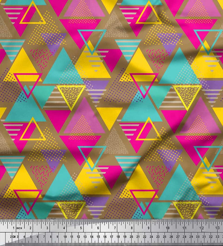 Soimoi Black Japan Crepe Satin Fabric Triangle Art Geometric Print Fabric by the Metre 42 Inch