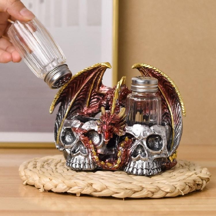 Dragon Skull Figurine for Halloween Resins Statue with Spices Shaker Display Stand Rack Kitchen Decoration for Collectors