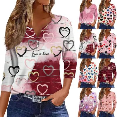Women's Fashion Button-Up V-Neck Three-Quarter Sleeve Valentine's Day Print Top
