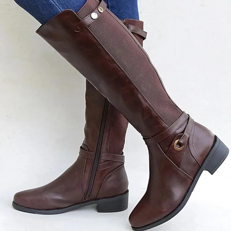 Damenstiefel aus Leder mit klobigem Absatz, lange Stiefeletten, kniehohe Stiefel für Damen, Winterschuhe, Schlabberstiefel für Damen, breite Wade