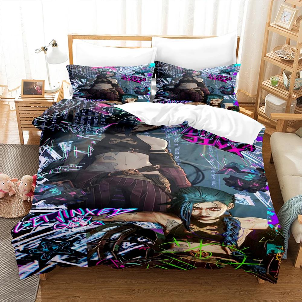 Arcane JinX Bedding Set 3D Anime Polyester Duvet Cover Sets Gift for Friends Queen King Size Bedding Sets Game Arcane Bedding