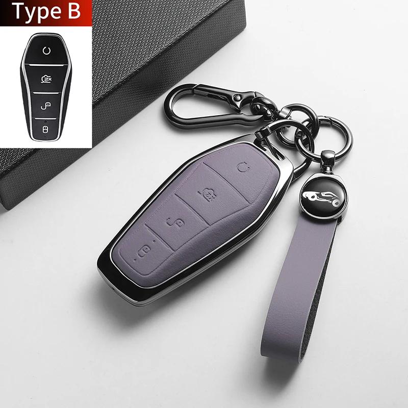Leather Metal Car Key Case For BYD Han EV Dolphin Song Plus DMI Seagull Yuan UP Qin Pro Seal 06 Escort 7 Tang L Interior Parts