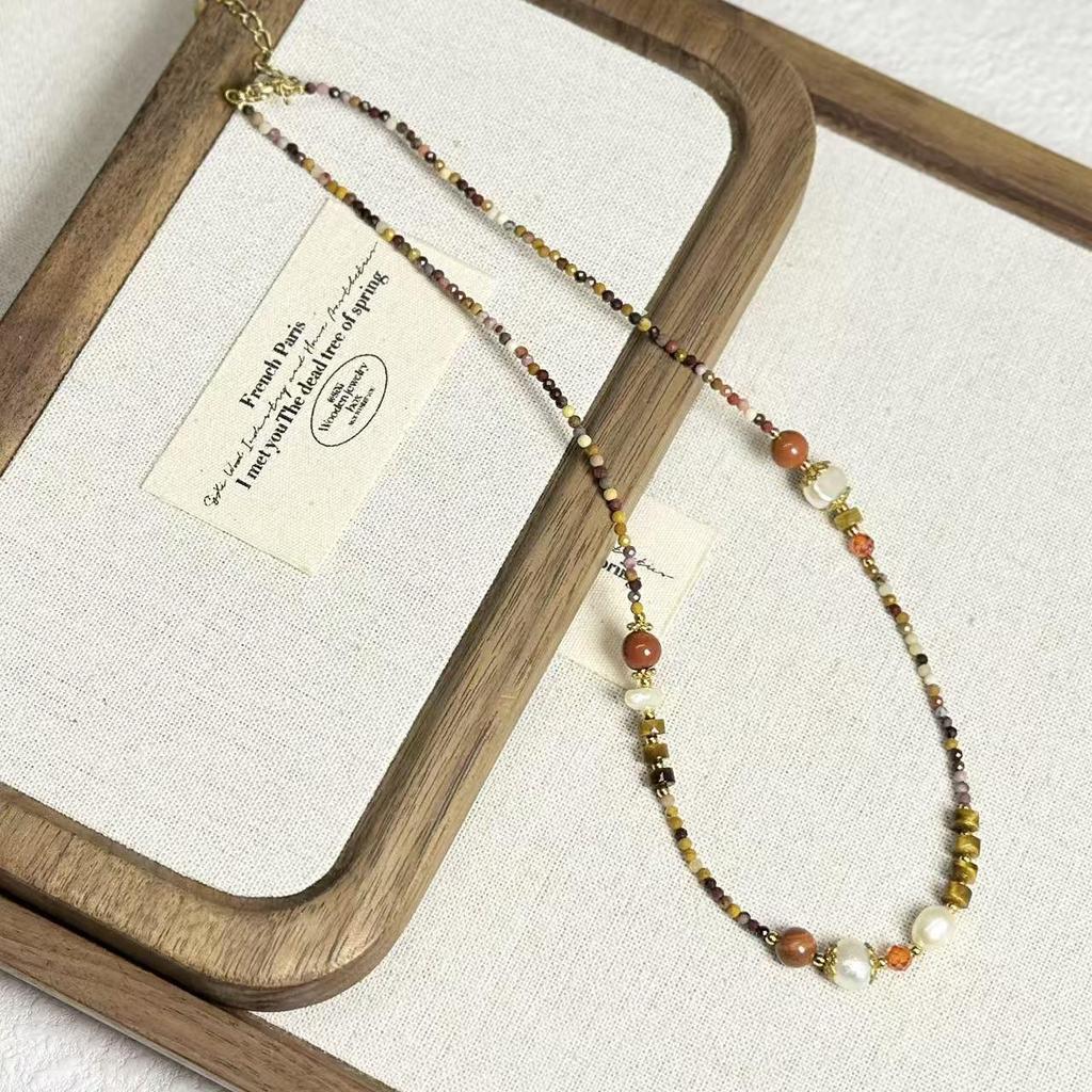 Retro Beaded Necklace with Egg Yolk Stone, Freshwater Pearl, and Clavicle Chain in Ethnic Style