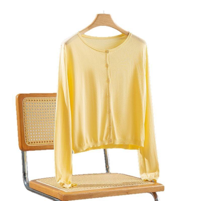 Single-breasted knitted cardigan women's summer new Tencel sunscreen lazy casual round neck long-sleeved top jacket