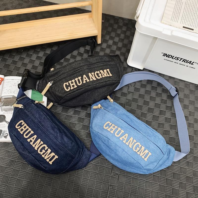 Women's Denim Chest Bag Letter Crossbody Bag Waist Bag Men's Large Capacity Sports Bag