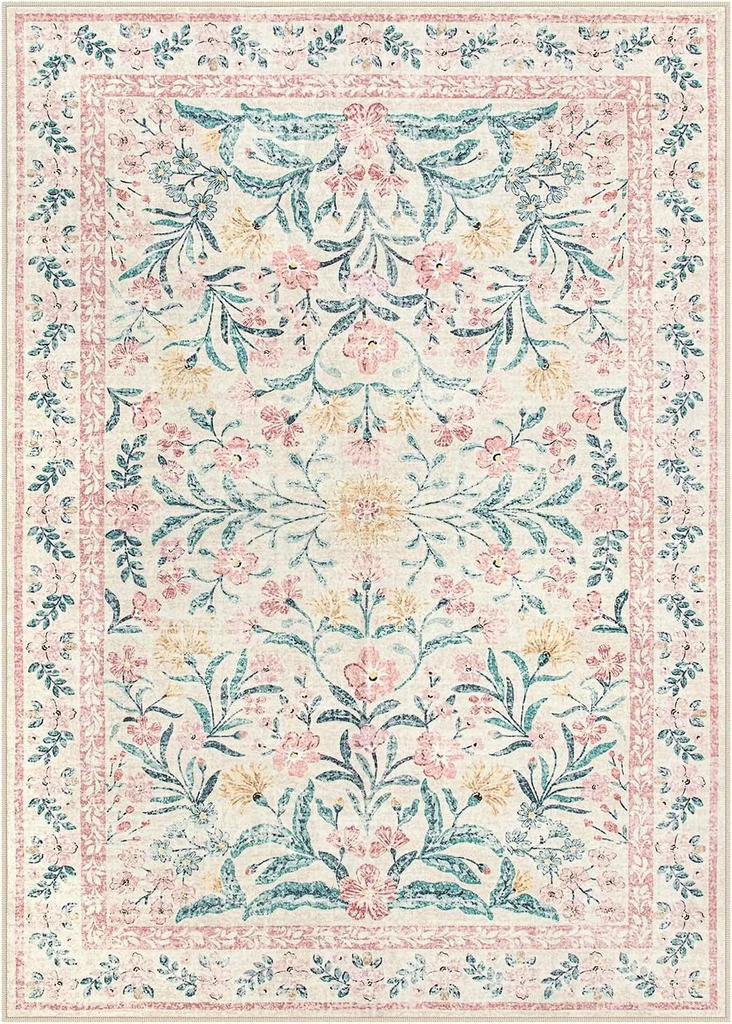 Wohnzimmerteppich Rutschfest Weich Maschinenwaschbar Fußmatte Böhmischer Rosa Blumenteppich Schlafzimmer Heimdekoration Matten Waschbare Teppiche
