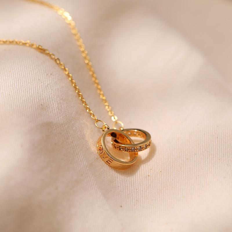 Interlocking Double Ring Gold Plated Zircon Light Luxury Simple Clavicle Necklace For Women