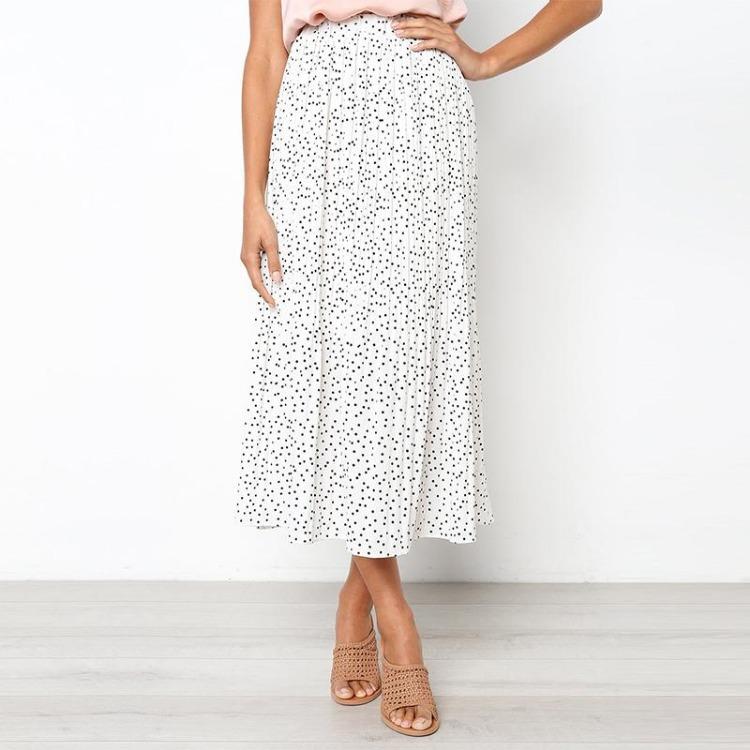Women High Waist Linen Pleated Skirt Polka Dot Mid Calf Elastic Waist Spring Summer Autumn Casual Skirt Black Brown Green Red S XL