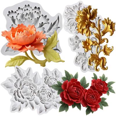 Peony Flower Silicone Mold Baroque Leaf Vine Flower Fondant Molds Cake Decorating Tools Theme Cake Dessert Decorated Chocolate Candy Mold
